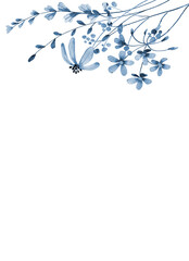 Floral background with blue flowers for greeting card, invitation and other printing design. Isolated on white. Hand drawing.