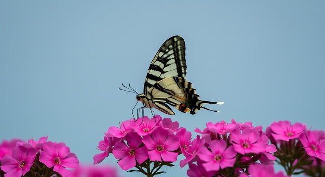 Explore the beauty of a striking zebra swallowtail butterfly perched on vibrant pink flowers against a soft blue background.