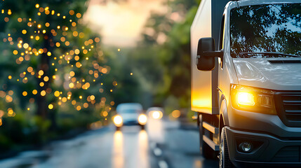 Delivery truck navigating bustling city streets at dusk - urban transport scene with warm glow