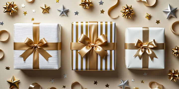 Wrapped gifts with gold ribbons and star confetti presents white