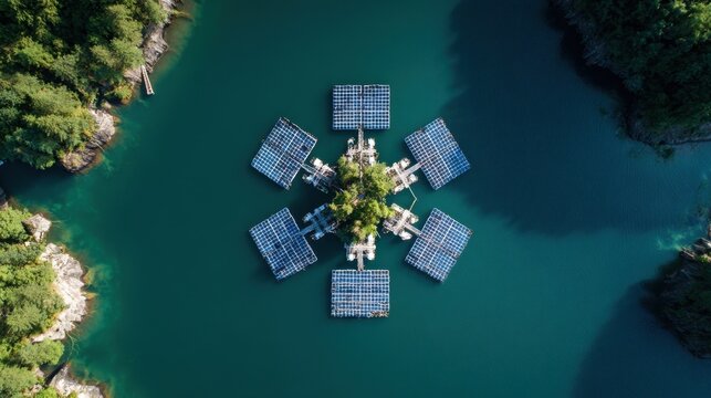 Floating Solar Panels in Serene Blue Water Surrounded by Trees