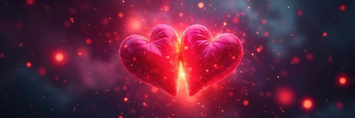 Two intertwined hearts, glowing softly, represent the ethereal bond of a soul connection, a powerful and profound love, transcending the physical realm ,  mystical,  infinite,  profound
