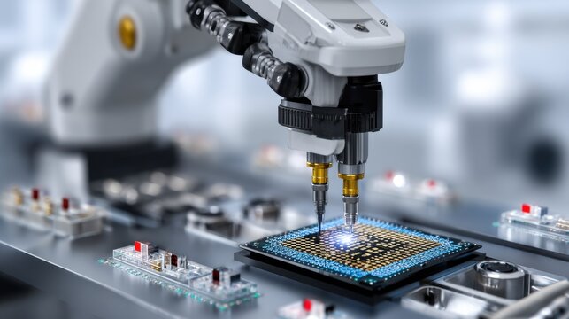 Robotic Arm Assembling Microchips in High-Tech Manufacturing Facility - Powered by Adobe