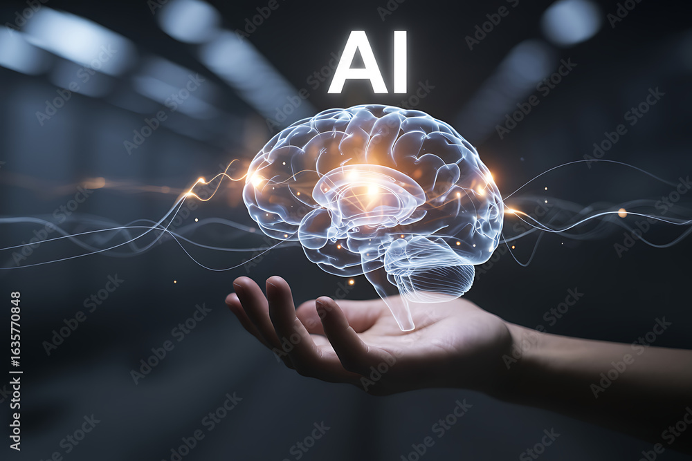 Poster human hand holding a glowing transparent brain with ai text symbolizing artificial intelligence and 