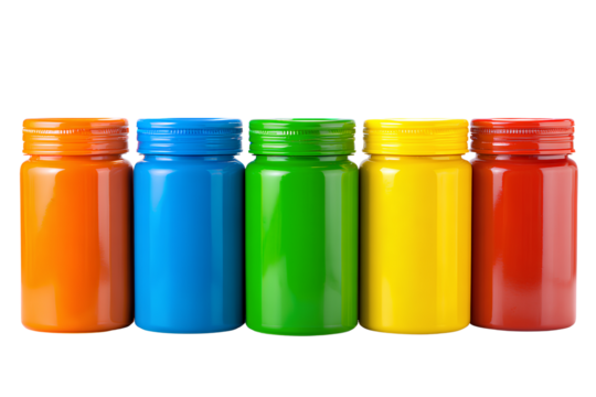 Set of plastic canisters in multiple bright colors isolated on white background