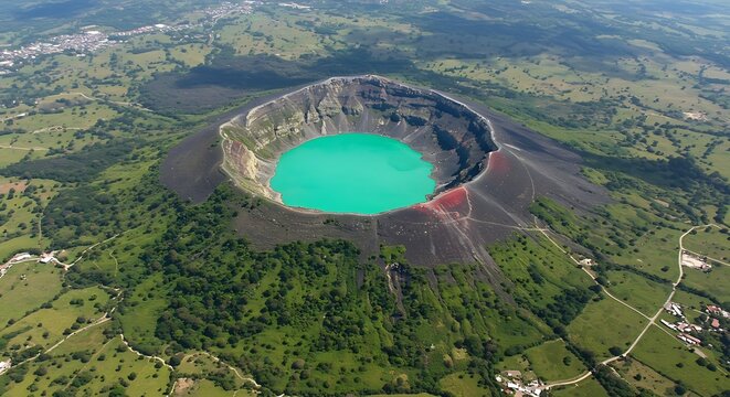 A mesmerizing glimpse of aerial view of santa ana volcano in el salvador with its turquoise crater lake and surrounding lush landscape.
