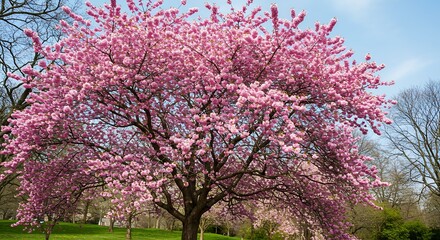 Naklejka premium Photography spotlight: A vibrant cherry blossom tree in full bloom in a park, showcasing pink flowers under a clear sky.