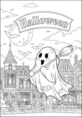 Halloween Coloring Page with a Witch, a girl wint candies and pumpkins