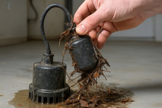 Repairman works on a clogged sump pump in a residential basement