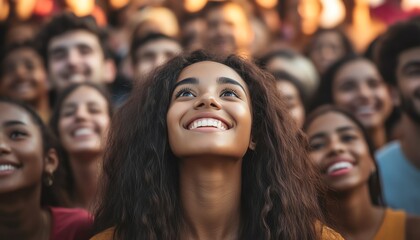 Obraz premium Joyful woman looking at the crowd with excitement.