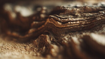 Close-up of intricate layered rock formations with subtle textures and earthy tones, showcasing natural geological patterns and detailed mantle structures. Earth science and geology concepts.
