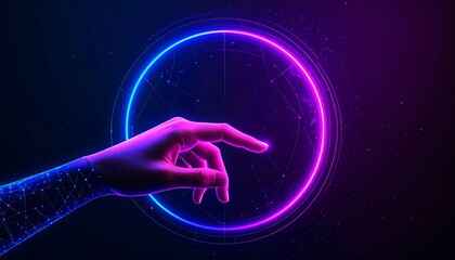 A hand with glowing neon lines interacts with a holographic circle