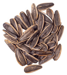 Handful of sunflower seeds isolated on a white background, top view, copy space