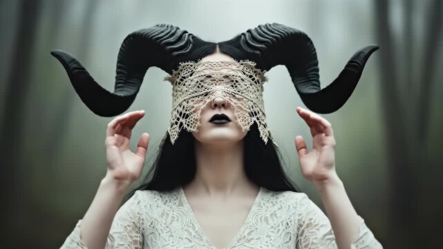 Ethereal Woodland Spirit: Woman with Horns and Lace Mask in Foggy Forest,Haunting Beauty: Dark Lipstick and Antlers in a Mystical Forest Setting