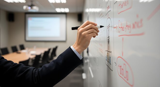 Hand writing on a whiteboard with a marker in a meeting room, with a projector screen and conference table visible in the background.