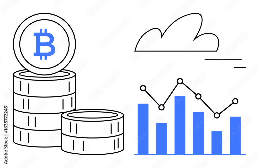 Poster bitcoin coins stacked next to analytics bar graph with trendline and cloud. ideal for cryptocurrency