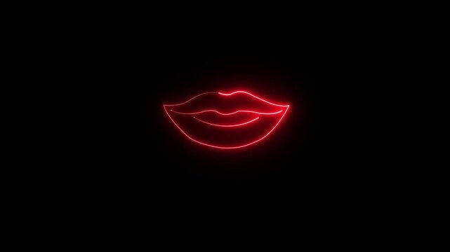 neon lip icon animation,female mouth sign of kiss neon icon motion,neon glowing line lips sign, icon animation on the black background.glowing neon lips icon isolated 4k video animation.