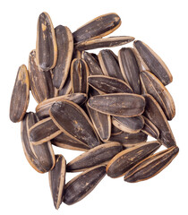 Handful of sunflower seeds isolated on a white background, top view, copy space