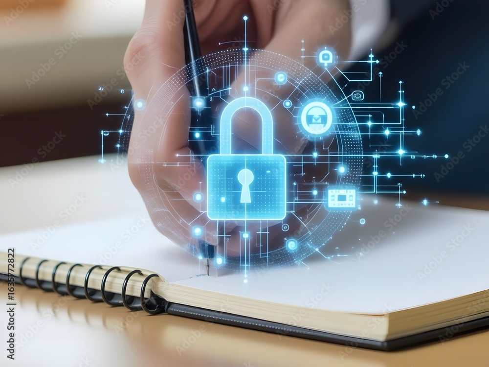 Poster person writing in a notebook with a digital padlock overlay for cybersecurity concept imagery use