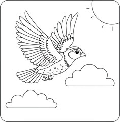 Cute Cartoon Bird Flying in the Sky – Black and White Line Art for Kids Coloring Book or Educational Resources