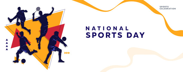 Modern vector banner for National Sports Day featuring silhouettes of athletes playing soccer, basketball, badminton, and volley ball on colorful abstract shapes, perfect for sports events and promot