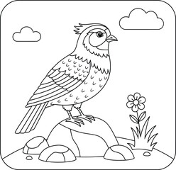 Cute Bird Standing on Rock with Flowers and Clouds – Black and White Cartoon Line Drawing for Kids Coloring Page
