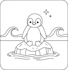 Cute cartoon penguin sitting on an ice block in the ocean with waves and stars in the sky – adorable arctic animal coloring page for kids