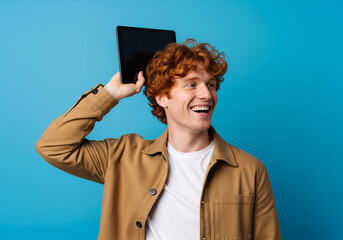 Energetic young man with ginger hair laughs, holding a device on blue backdrop