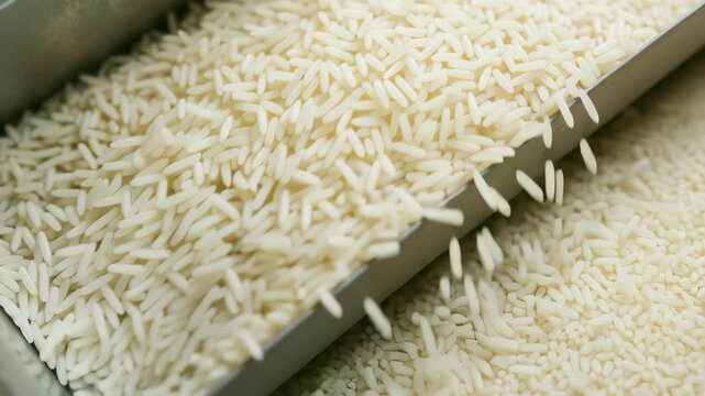 Rice grain production mill conveyor with white polished rice flowing through metal sieve for quality control and agriculture packaging process