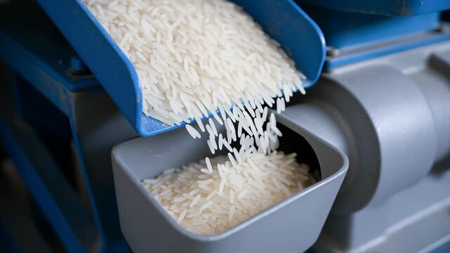 Rice mill production process with white rice grains flowing through industrial machinery for efficient grain processing and packaging