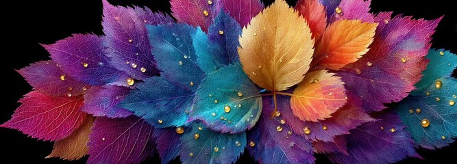 Cluster of vibrant multicolored autumn leaves with dew drops on a dark background