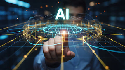 Close up of a person finger touching a glowing digital ai interface with a futuristic network of lights and data streams