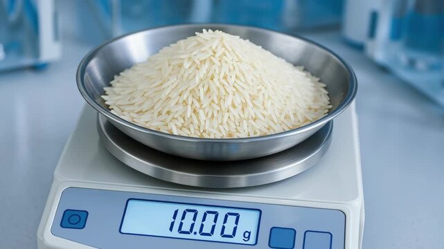 Rice grain on digital scale measuring 10 grams for precise measurement and production in rice mill with metal plate ensuring quality and accuracy
