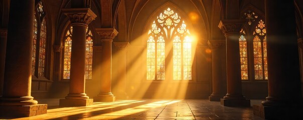 Sunbeams stream through stained-glass windows, illuminating a sacred space with ethereal, golden light Perfect for religious, spiritual, or fantasy themes , cathedral, gothic, sunbeams