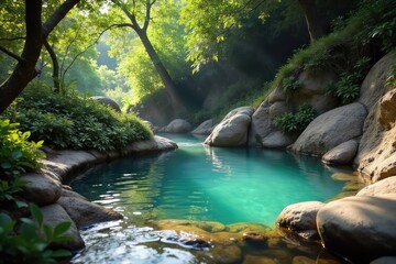 Relaxing outdoor hot spring bath with smooth stones and lush greenery, perfect for a spa day escape Enjoy the therapeutic warmth and natural beauty , relaxation, healthy