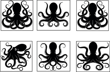 Black and white octopus silhouette illustration, marine life vector design, underwater tentacle pattern, sea creature art, ocean-themed graphic © Love's World