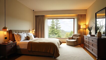 Luxurious bedroom with panoramic window view.