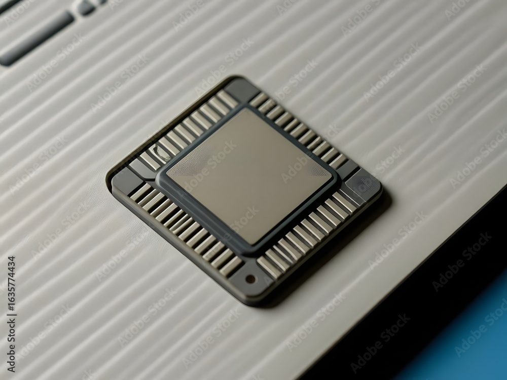 Aufkleber close up shot of a computer processor chip with pins on a silver surface in a studio setting