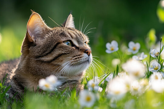 Generative ai image of beautiful tabby cat with golden eyes looking up peacefully while sitting in green summer garden - Powered by Adobe