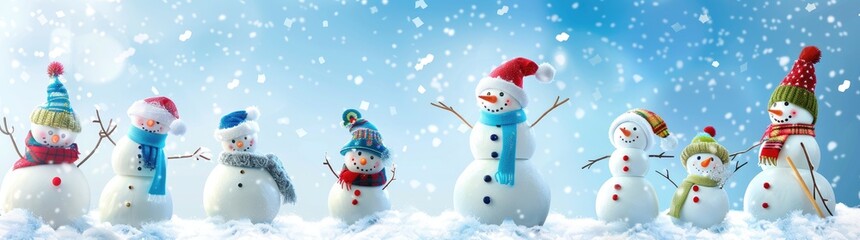 Fototapeta premium Four funny cheerful snowmen standing in winter Christmas landscape. Merry Christmas and happy New Year greeting card with copy-space. Winter background