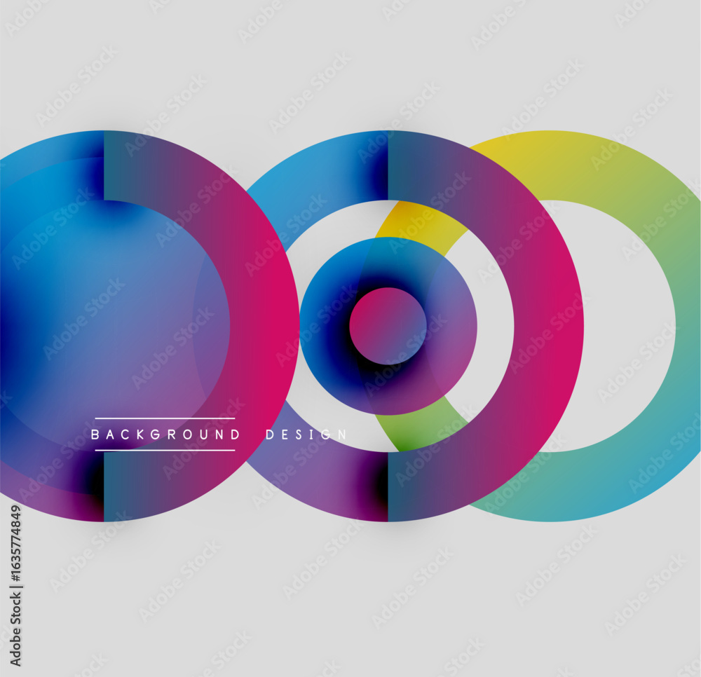 Poster abstract colorful circles overlap, creating dynamic visual effect. background features gradient shad