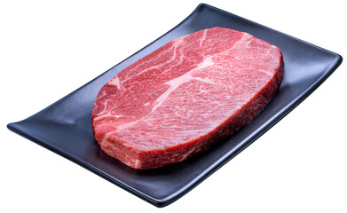 Raw premium Wagyu beef steak isolated on Black plate on white background with clipping path high-quality meat cut for gourmet cooking and fine dining PNG file.
