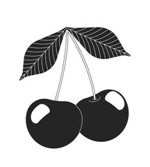 Two cherries with leaves and stems 2D black filled line object. Fresh fruit, summer produce. Sweet berries snack. Ripe cherry cluster isolated clipart vector ink item. Monochrome spot illustration