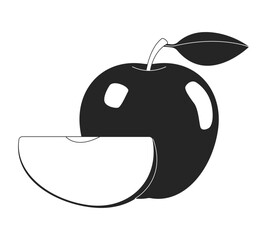 Whole apple with cut slice 2D black filled line object. Sliced fruit freshness and sweet flavor. Juicy plum. Summer natural dessert isolated clipart vector ink item. Monochrome spot illustration