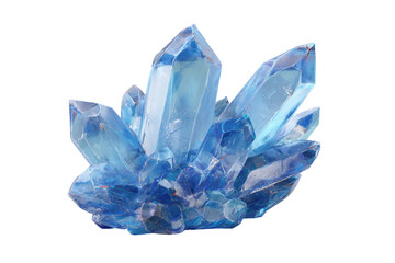 A cluster of translucent, light-blue crystals. Sharp facets, glowing, almost iridescent