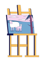 Sheep landscape painting on easel 2D cartoon object. Pastoral rural field on canvas. Scenic calm artwork. Artistic hobby. Visual art isolated element flat vector clip art on white. Spot illustration