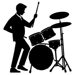 Black silhouette of a drummer playing a drum kit white