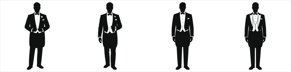 Elegant Tuxedo Gentleman Silhouette Set – Formal Black Tie Men in Bow Ties, Tailcoats, Waistcoats Adjusting Cuffs and Buttons – Vector Illustration for Wedding Groom, Invitation, Luxury Event Design, 