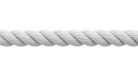 A single, tightly twisted white rope, pristine with intricate fibers & smooth texture, stretching horizontally, isolated against a seamless transparent background with ample copy space, concept of
