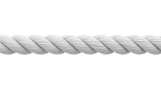A single, tightly twisted white rope, pristine with intricate fibers & smooth texture, stretching horizontally, isolated against a seamless transparent background with ample copy space, concept of